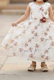 Cream Floral Embellished Gown For Girls