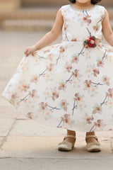 Cream Floral Embellished Gown For Girls