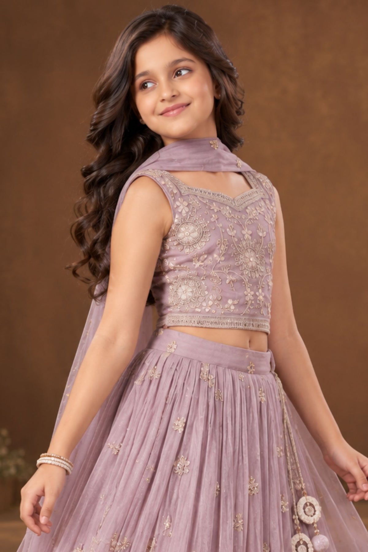 Lavender Embroidered Lehenga Choli Set For Girls With Dupatta