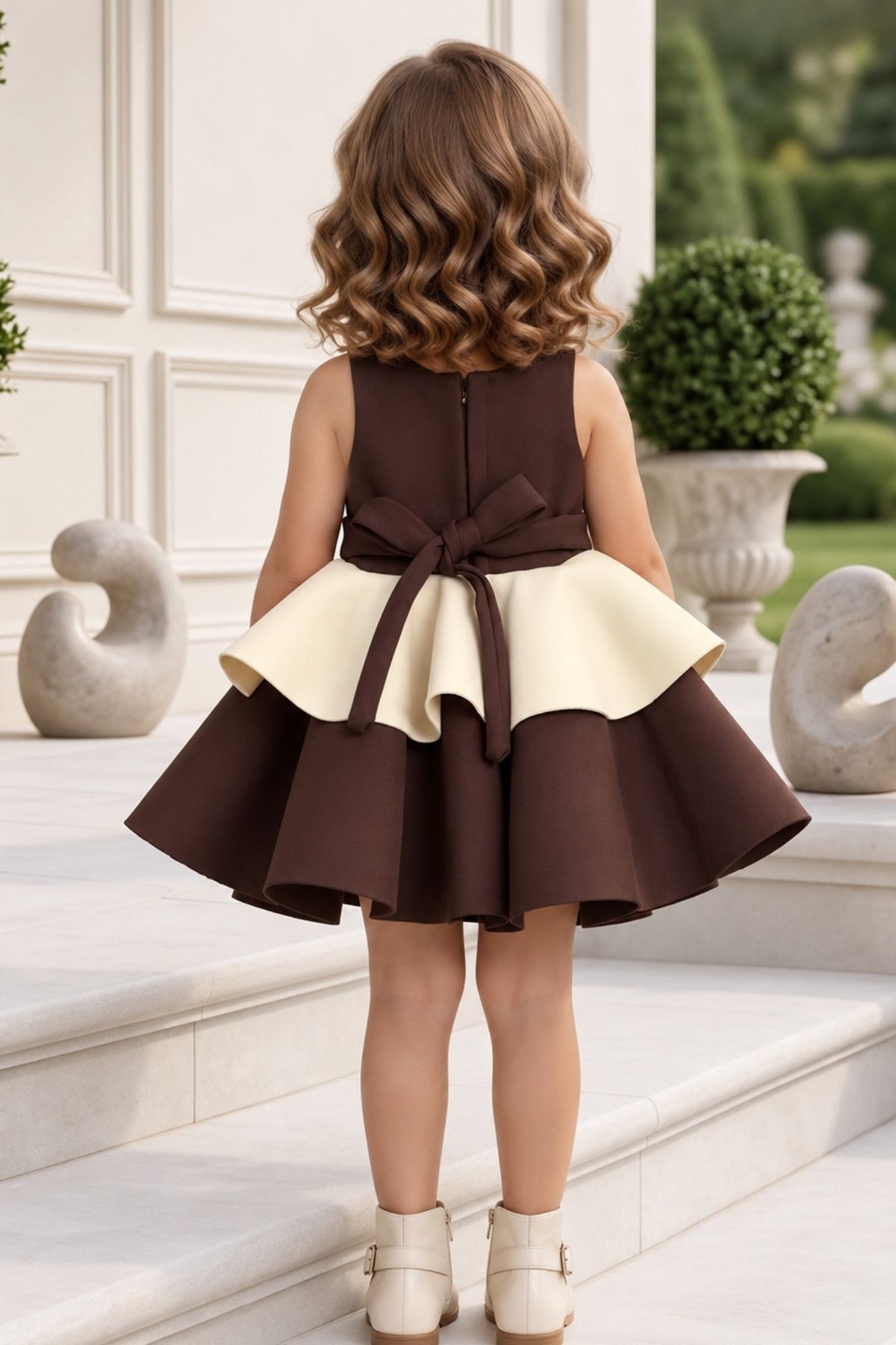 Brown And Cream 3D Floral Layered Party Frock For Girls