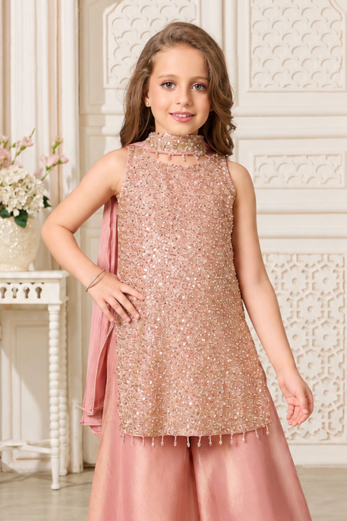 Girls Elegant Pink Densely Sequin Embellished Palazzo Set