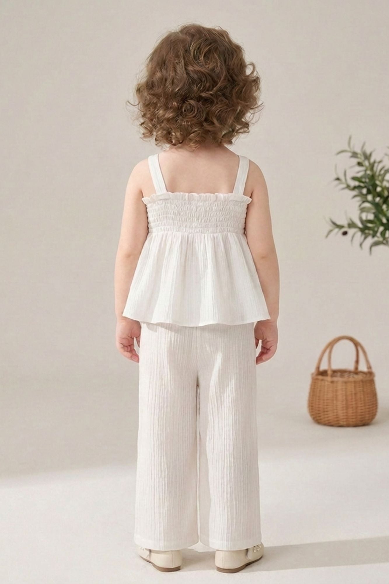 Girls White Smocked Ruffle Top with Wide-Leg Pants Co-Ord Set