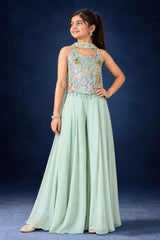 Girls Aqua Blue Sequin Embroidered Halter Neck Palazzo Set With Dupatta
