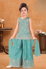 Girls Aqua Blue Silver Floral Embroidered Palazzo Set With Dupatta