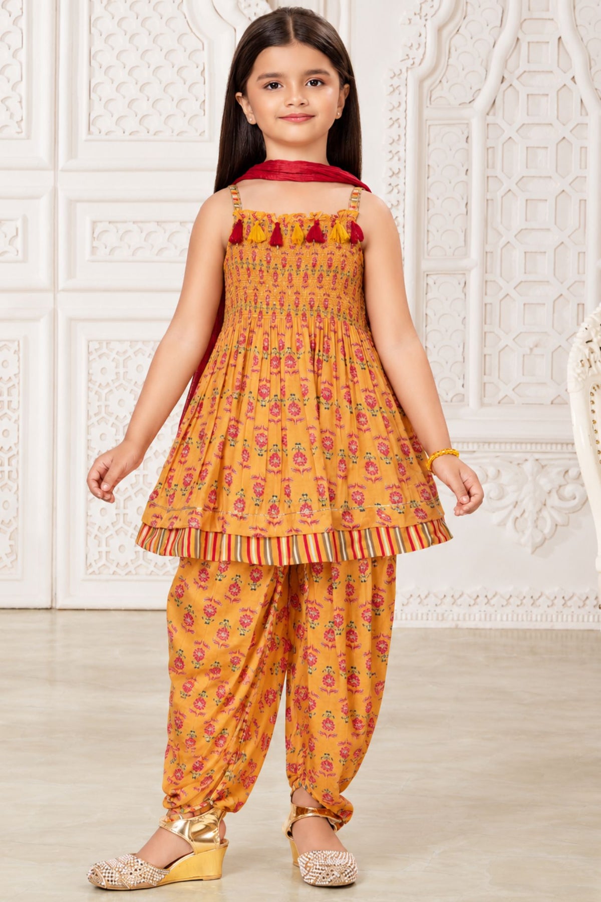Girls Charming Mustard Yellow Floral Printed Patiala Set