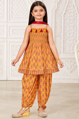 Girls Charming Mustard Yellow Floral Printed Patiala Set