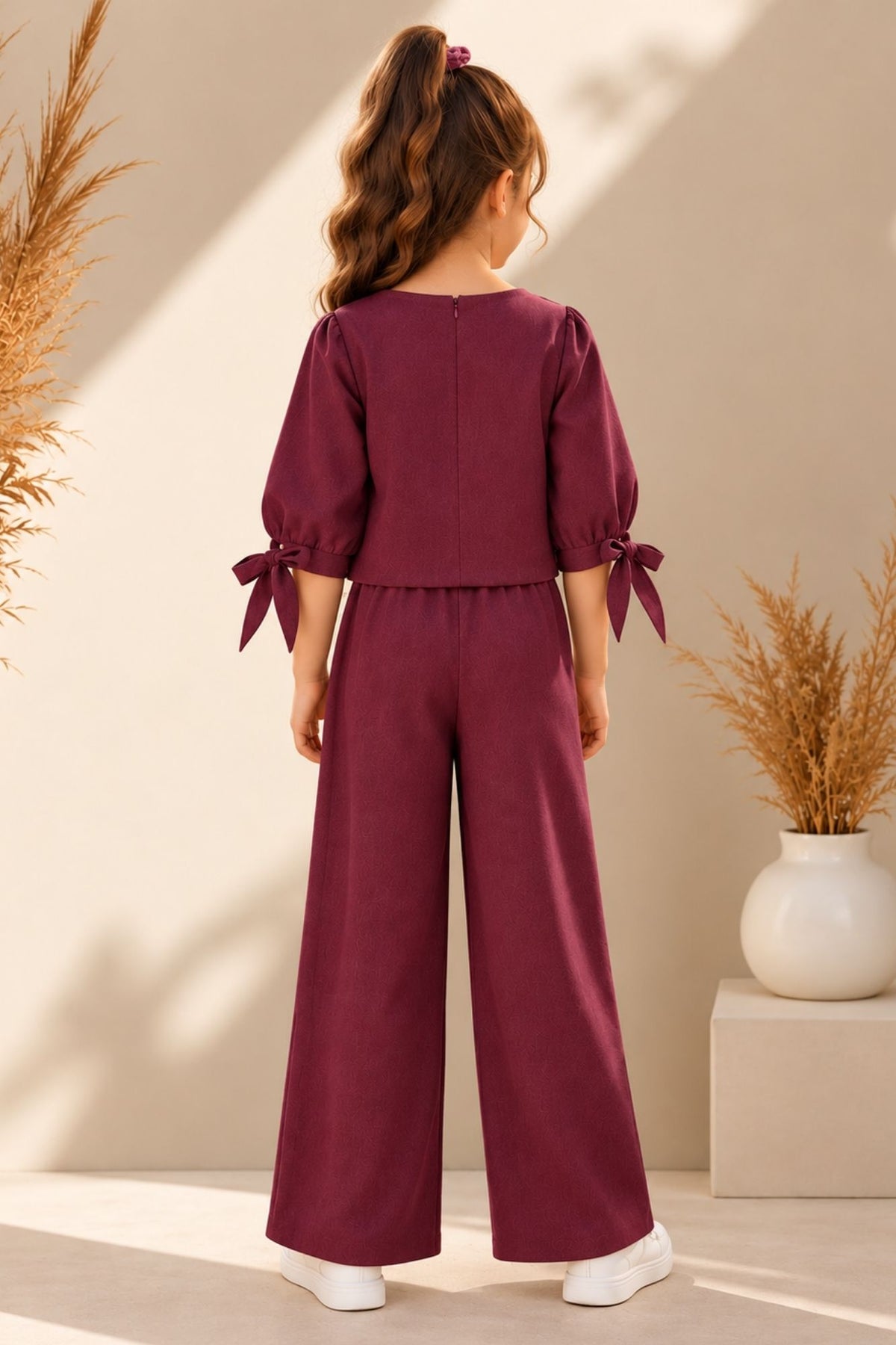 Girls Onion Pink Embellished Top With Wide Leg Co-Ord Set