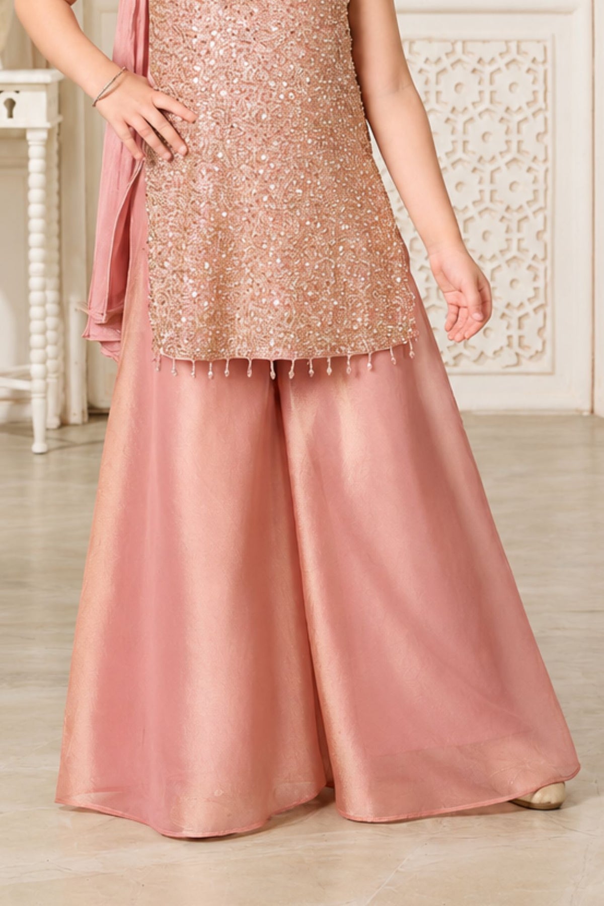 Girls Elegant Pink Densely Sequin Embellished Palazzo Set