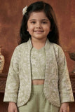 Sage Green Embroidered Palazzo Set With Jacket For Girls