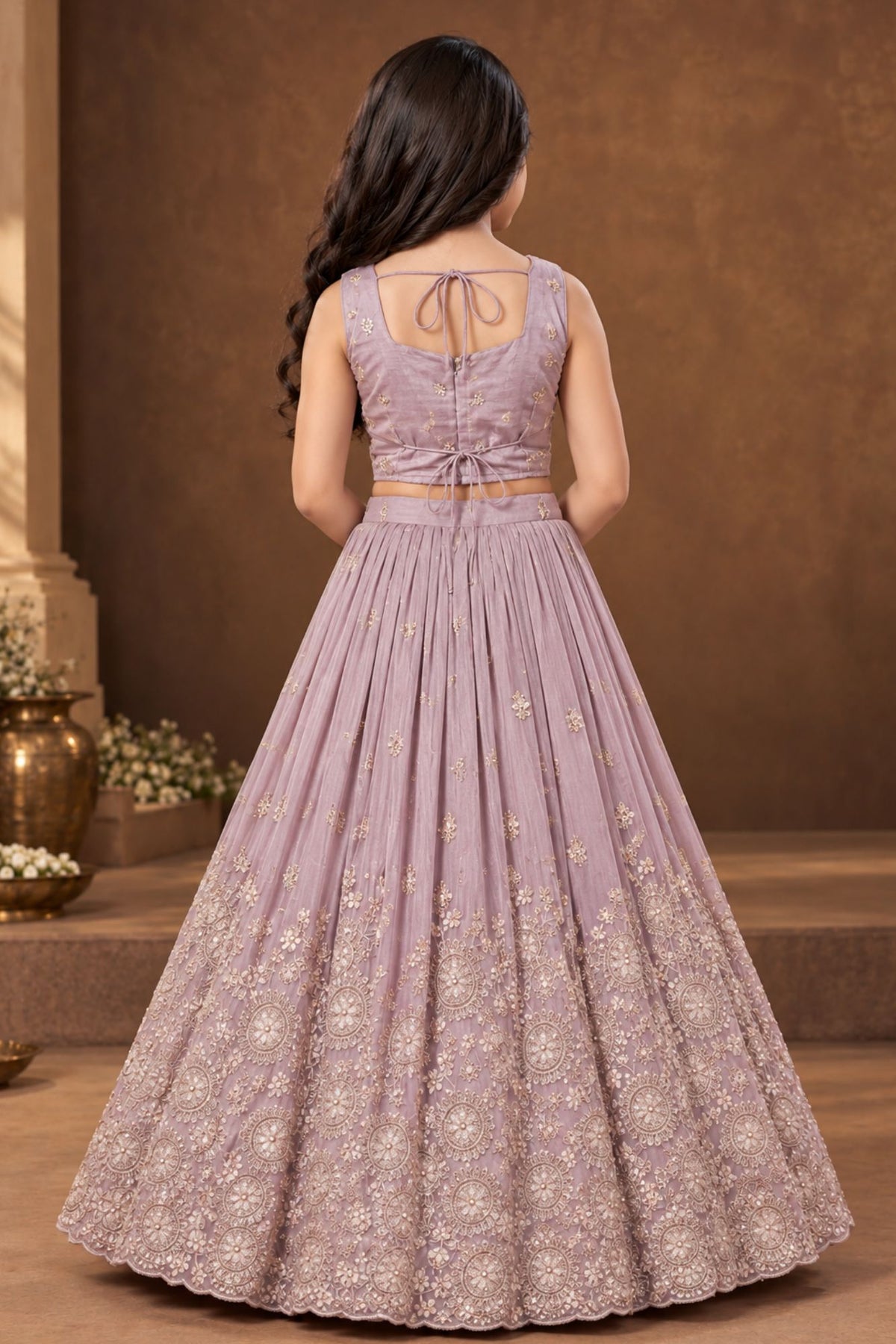 Lavender Embroidered Lehenga Choli Set For Girls With Dupatta
