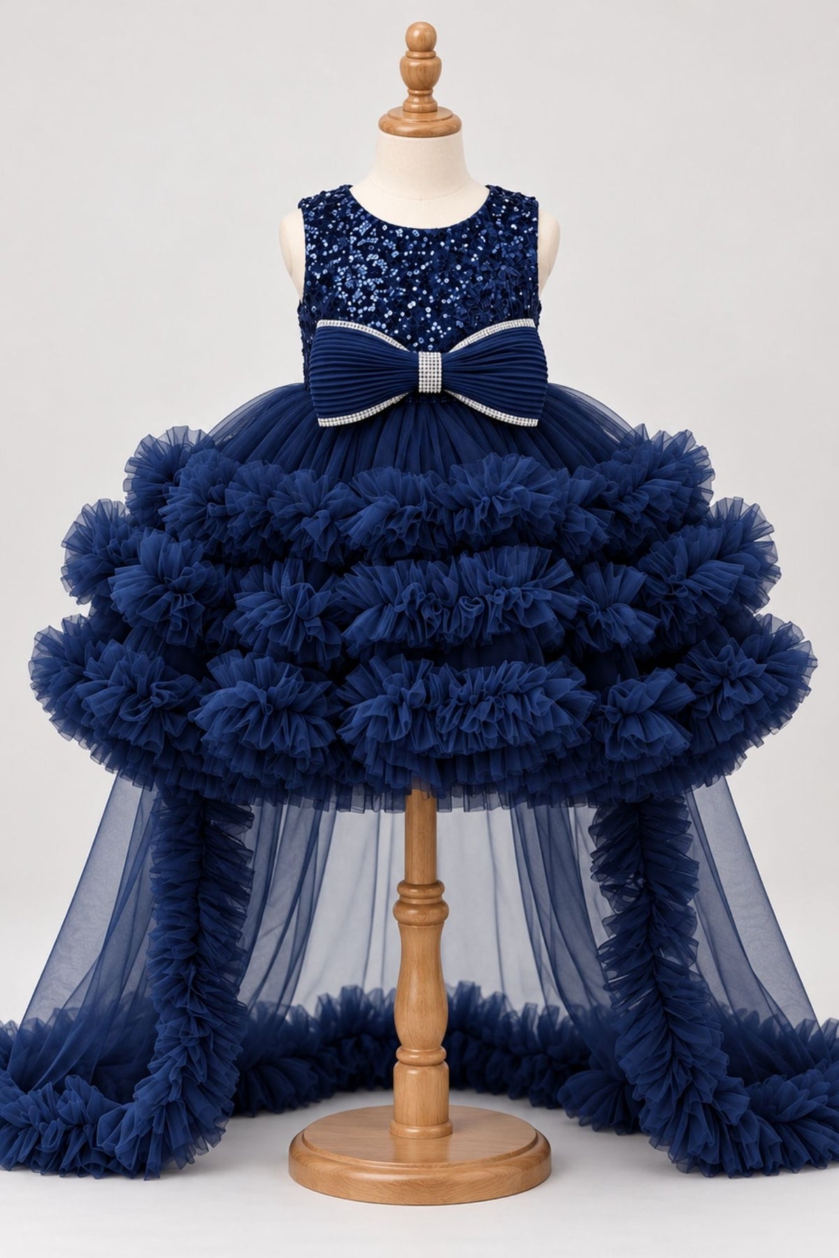Girls Navy Blue Sequin High-Low Party Wear Frock