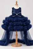 Girls Navy Blue Sequin High-Low Party Wear Frock