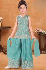 Girls Aqua Blue Silver Floral Embroidered Palazzo Set With Dupatta