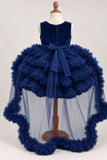 Girls Navy Blue Sequin High-Low Party Wear Frock