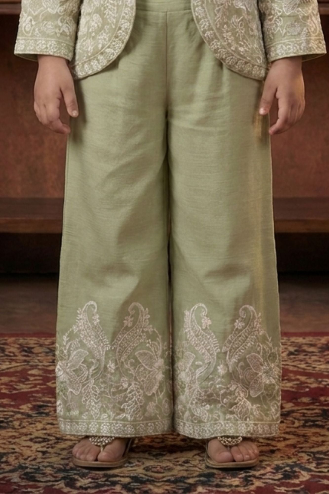 Sage Green Embroidered Palazzo Set With Jacket For Girls