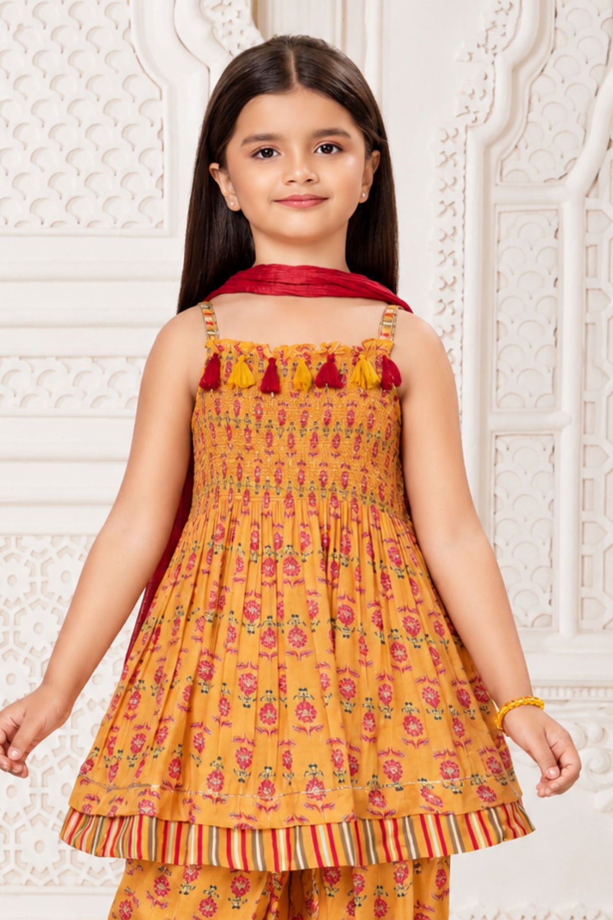 Girls Charming Mustard Yellow Floral Printed Patiala Set