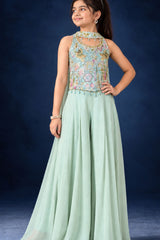 Girls Aqua Blue Sequin Embroidered Halter Neck Palazzo Set With Dupatta
