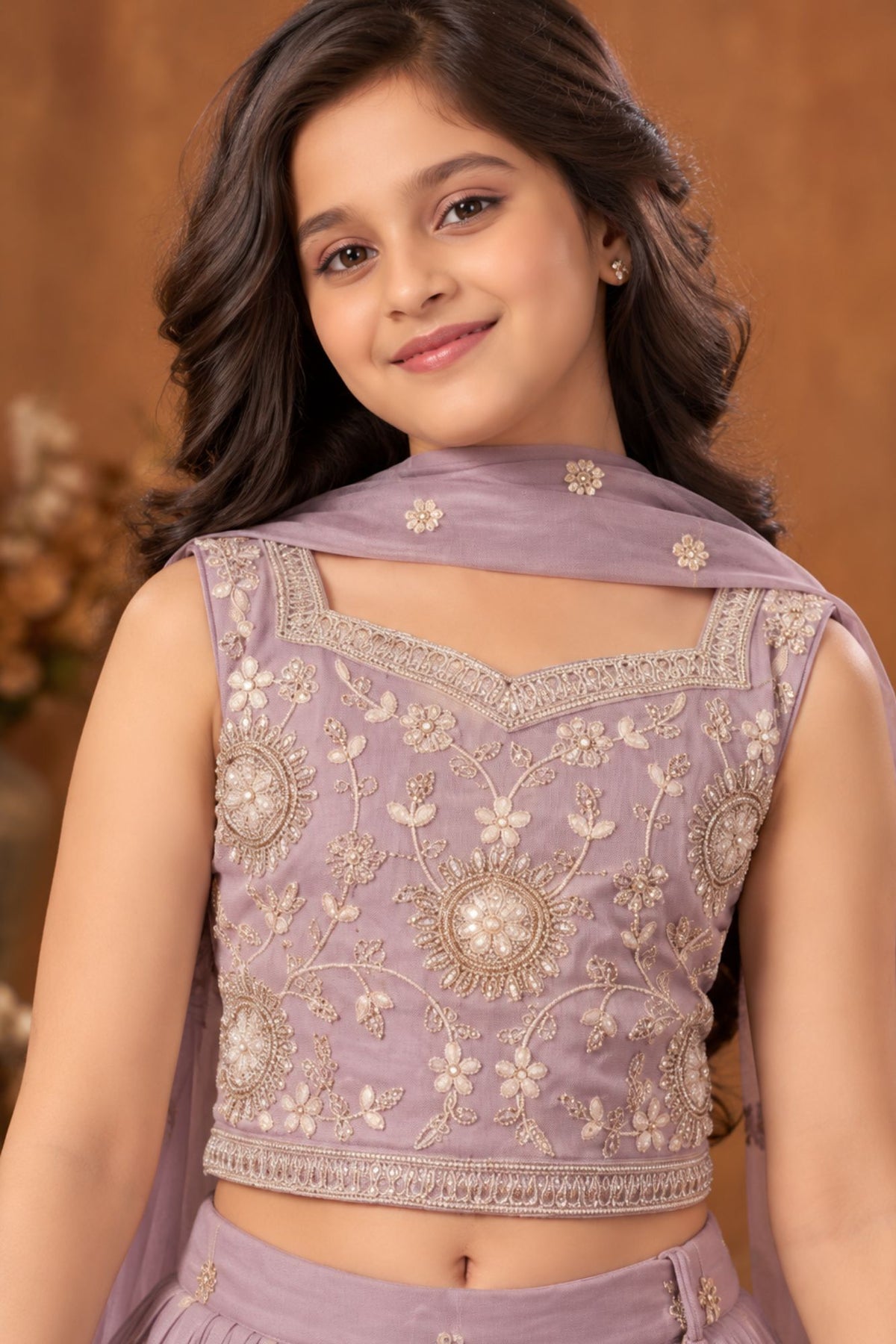 Lavender Embroidered Lehenga Choli Set For Girls With Dupatta