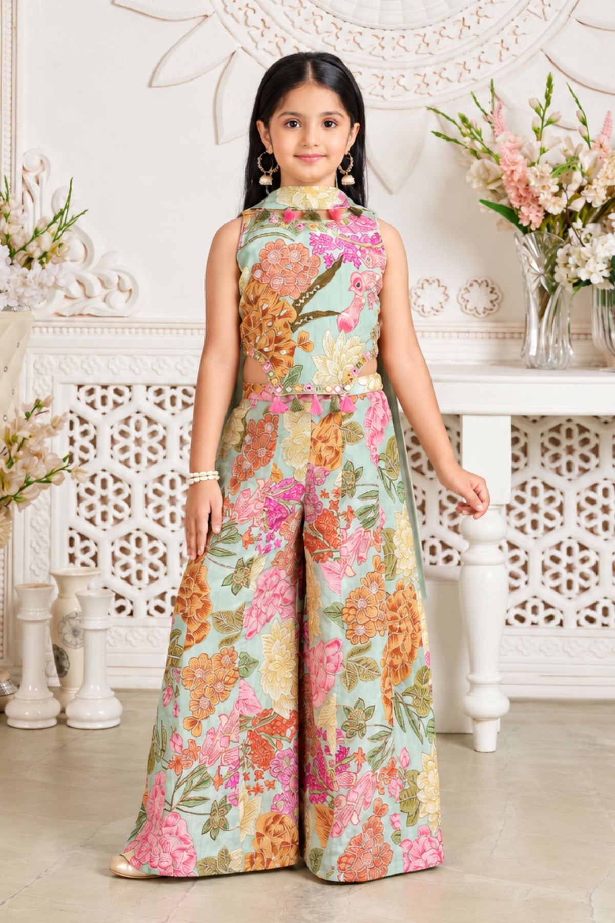 Girls Elegant Aqua Green Multicolor Floral Printed With Mirror Work Embroidered Palazzo Set