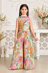 Girls Elegant Aqua Green Multicolor Floral Printed With Mirror Work Embroidered Palazzo Set