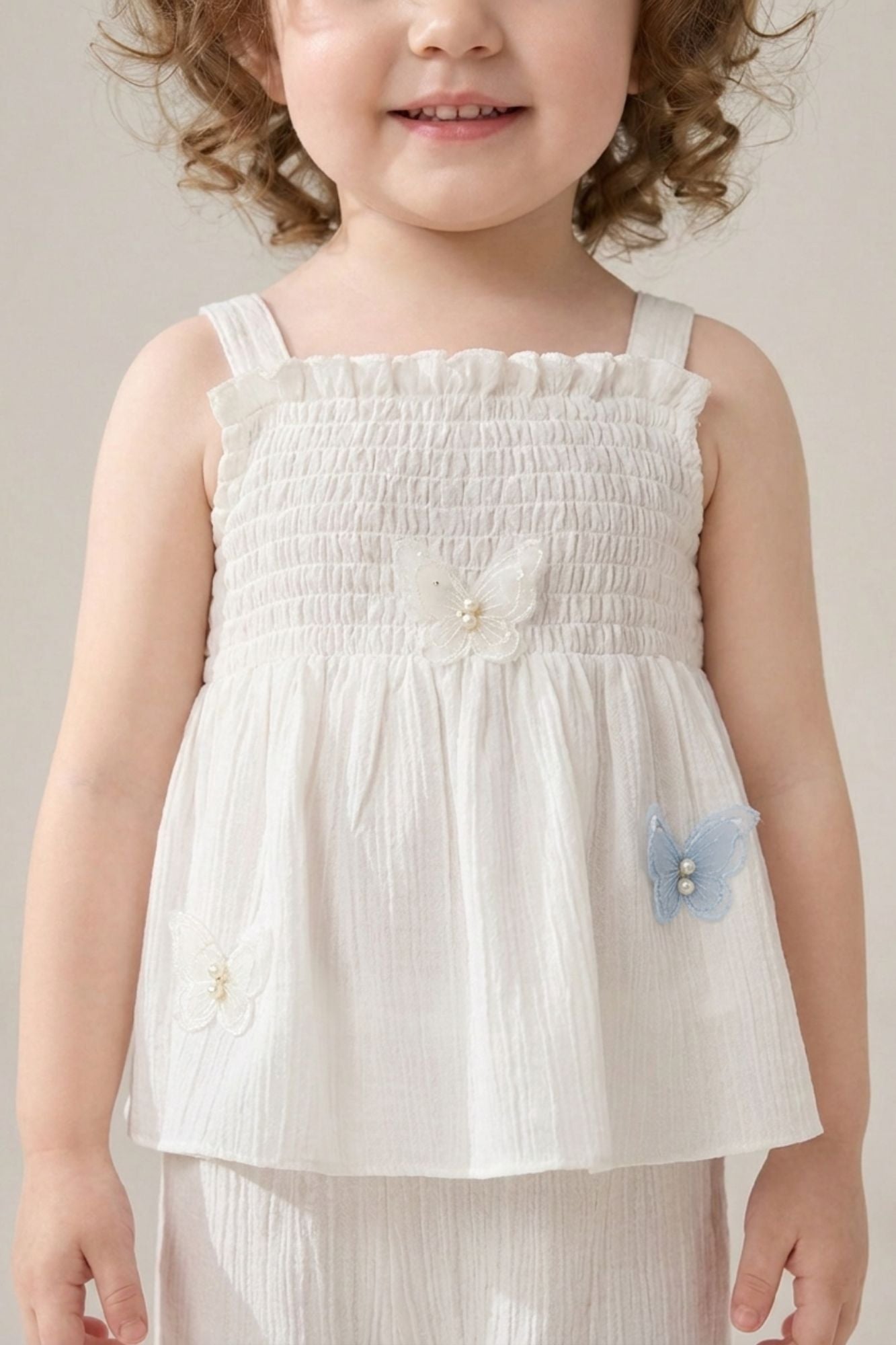 Girls White Smocked Ruffle Top with Wide-Leg Pants Co-Ord Set