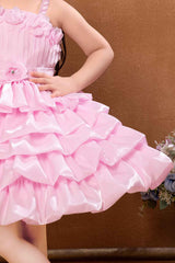 Pink One Shoulder Sleeve And Floral Embellished Frock For Girls