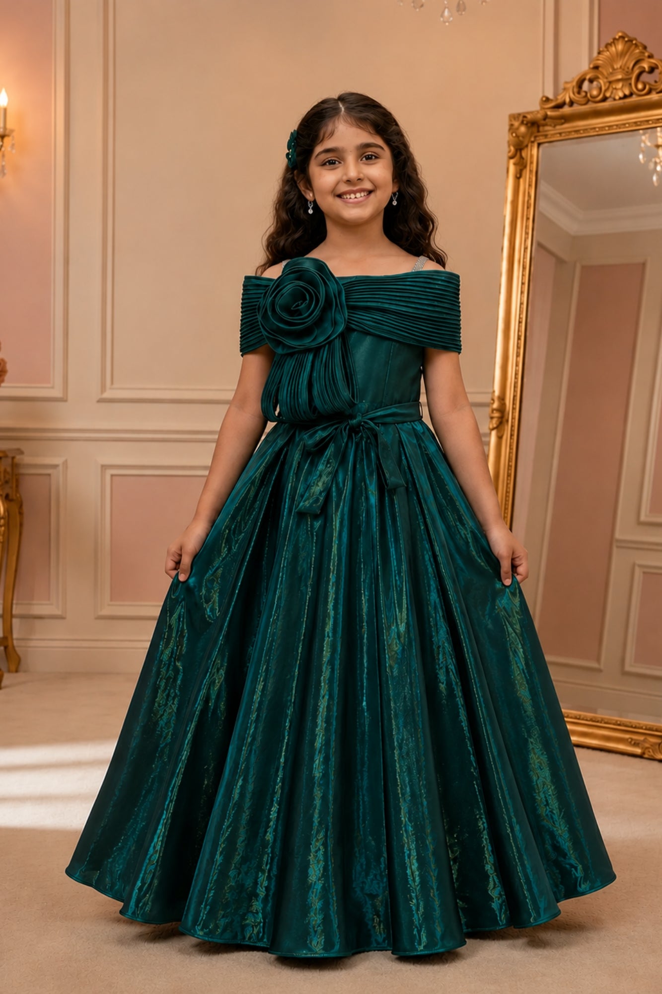 Teal Green Off-Shoulder Pleated Bow Party Gown For Girls