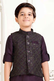 Wine Full Sleeves Kurta With Sequin Embroidered Waist Coat Set For Boys
