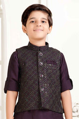 Wine Full Sleeves Kurta With Sequin Embroidered Waist Coat Set For Boys