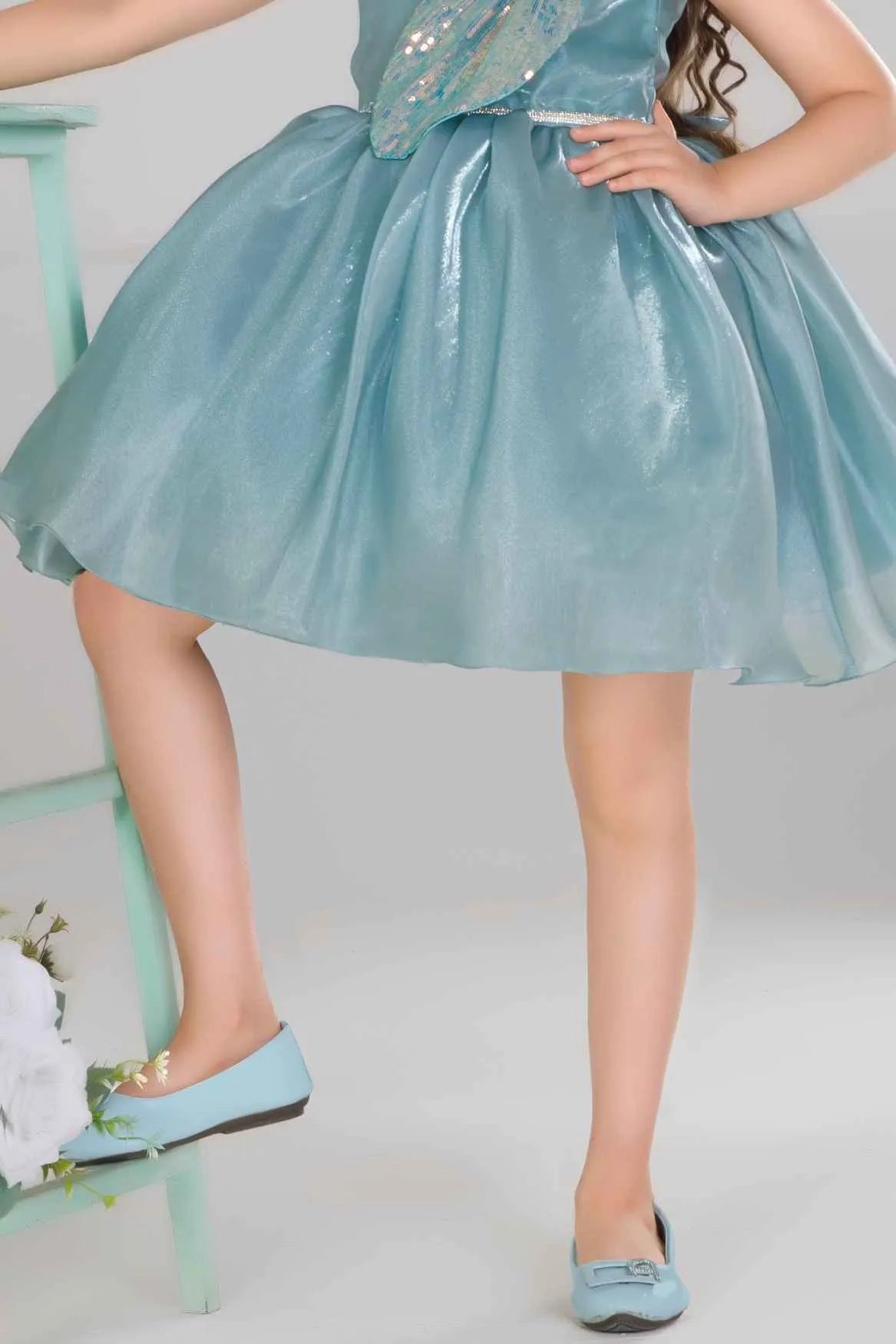 Sea Green Party Frock With Sequin Bow And 3D Flower Detail For Girls