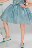Sea Green Party Frock With Sequin Bow And 3D Flower Detail For Girls