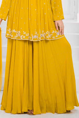 Mustard Yellow Embroidered Kurti And Palazzo Set With Dupatta For Girls