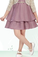 Girls Onion Pink Layered Frock With Lace Shrug And Floral Accent