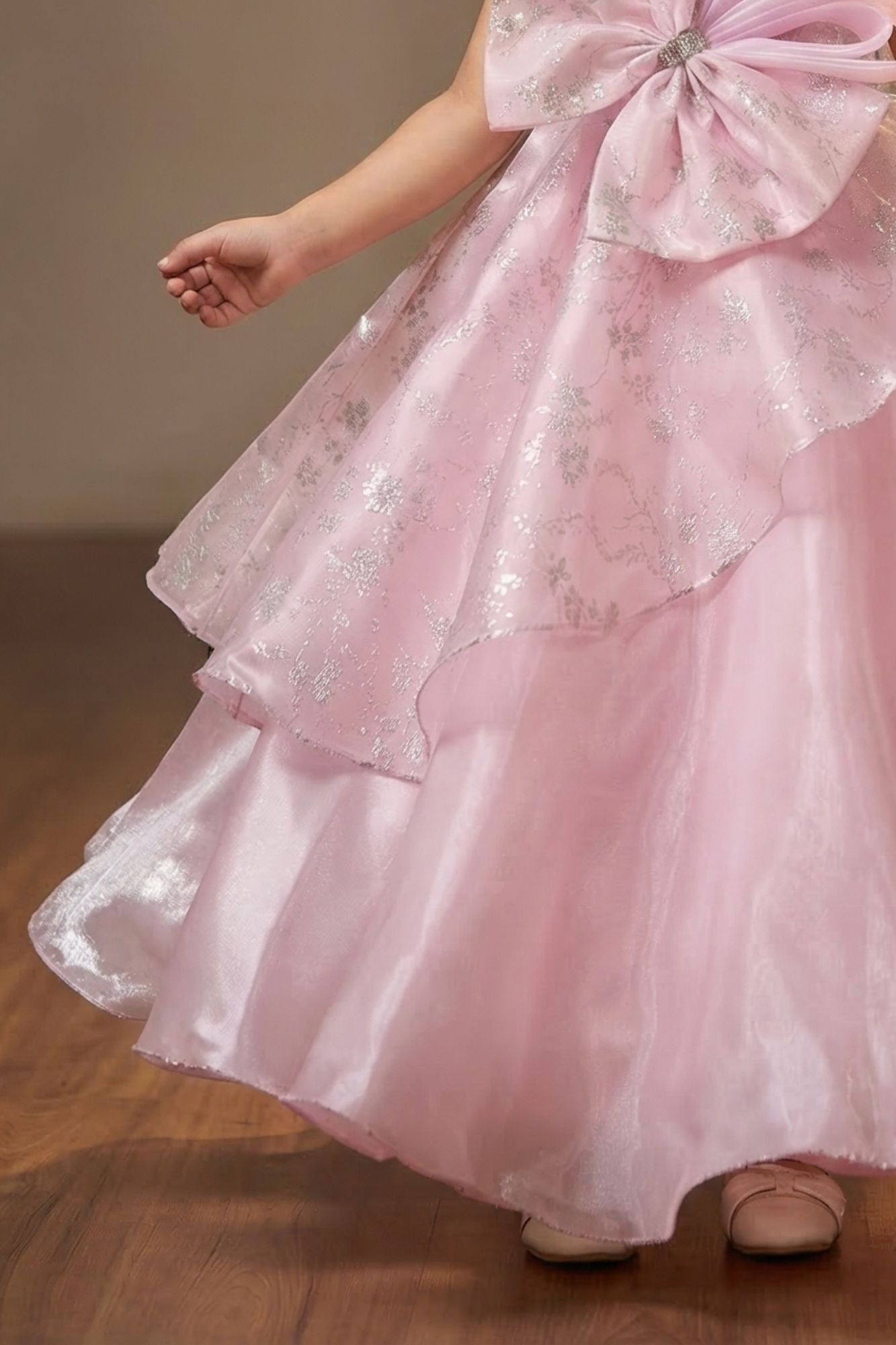 Girls Baby Pink Layered Party Wear Gown with Statement Bow