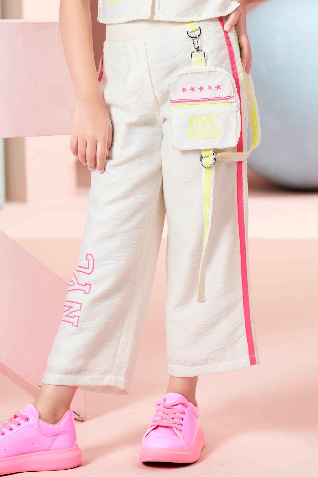 Girls Off-White Co-Ord Set with Neon Stripe Pants