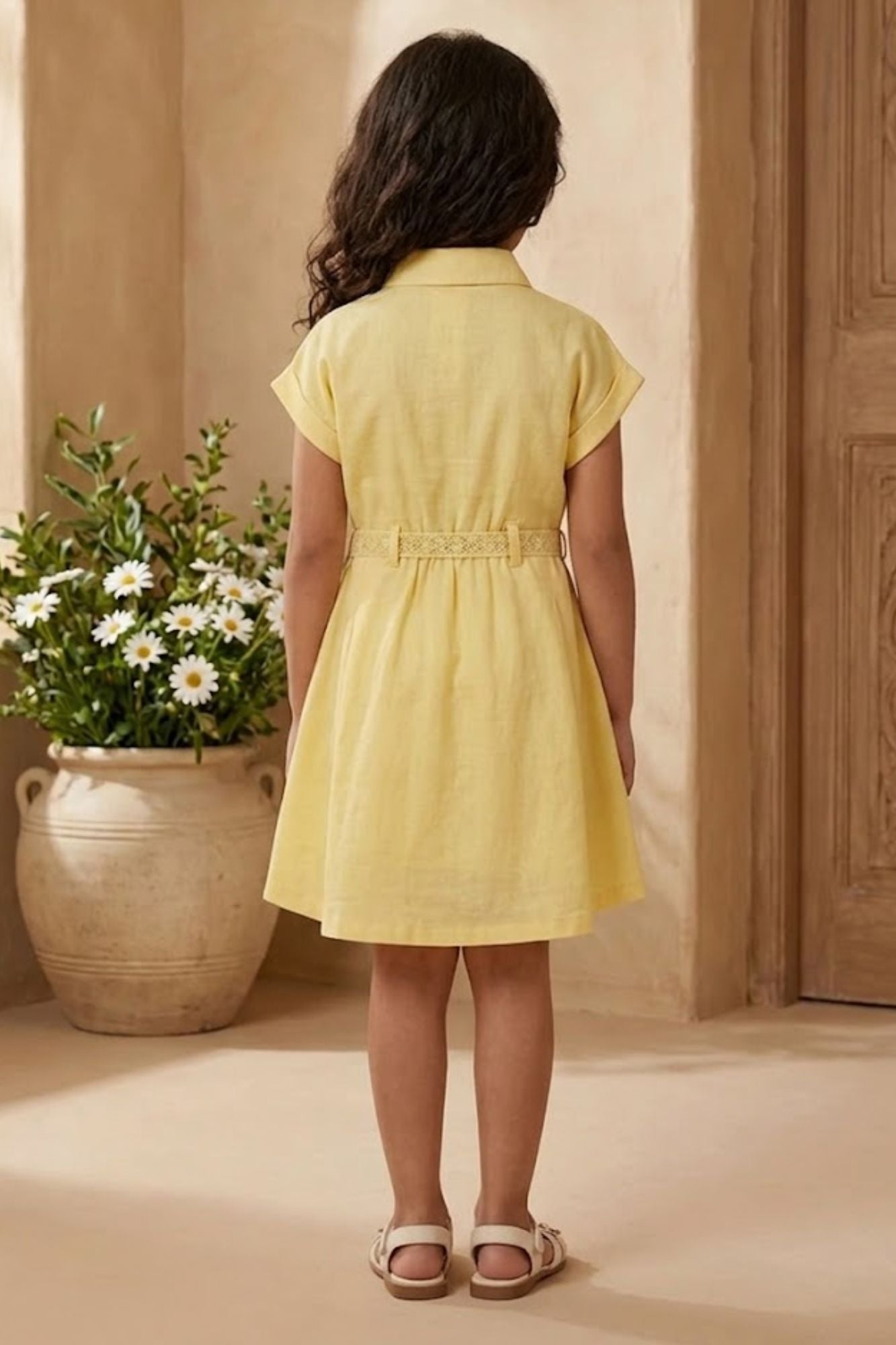 Girls Yellow Embroidered Fit And Flare Casual Dress with Waist Tie Belt