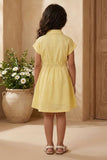 Girls Yellow Embroidered Fit And Flare Casual Dress with Waist Tie Belt