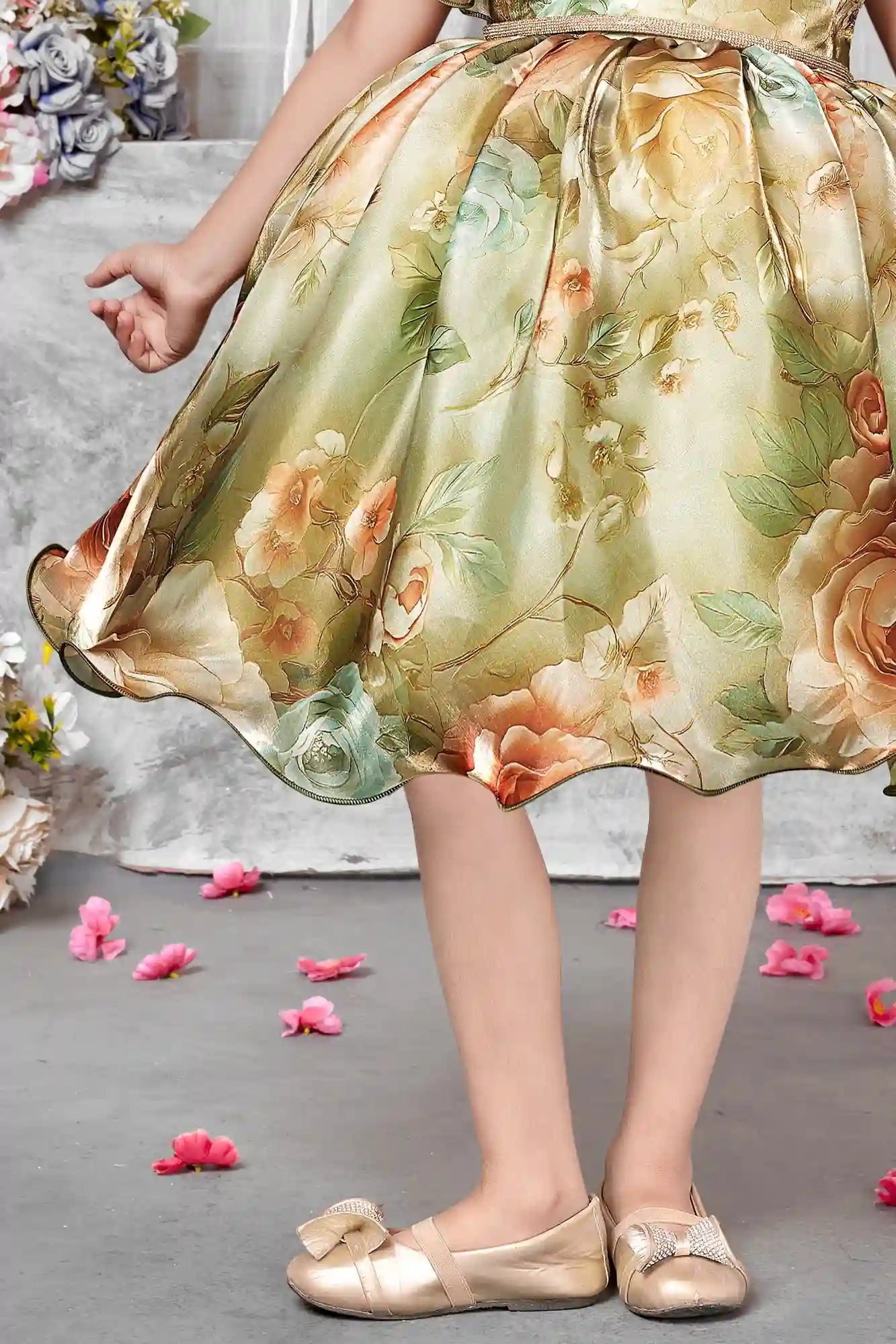 One-Shoulder Floral Party Dress with Ruffle Neckline For Girls