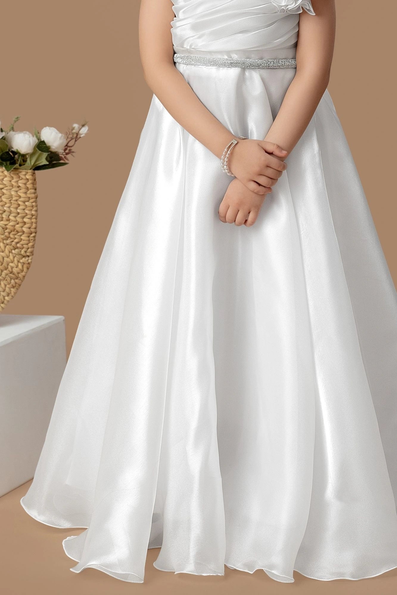 Designer White Floral Appliqué Party Wear Gown For Girls