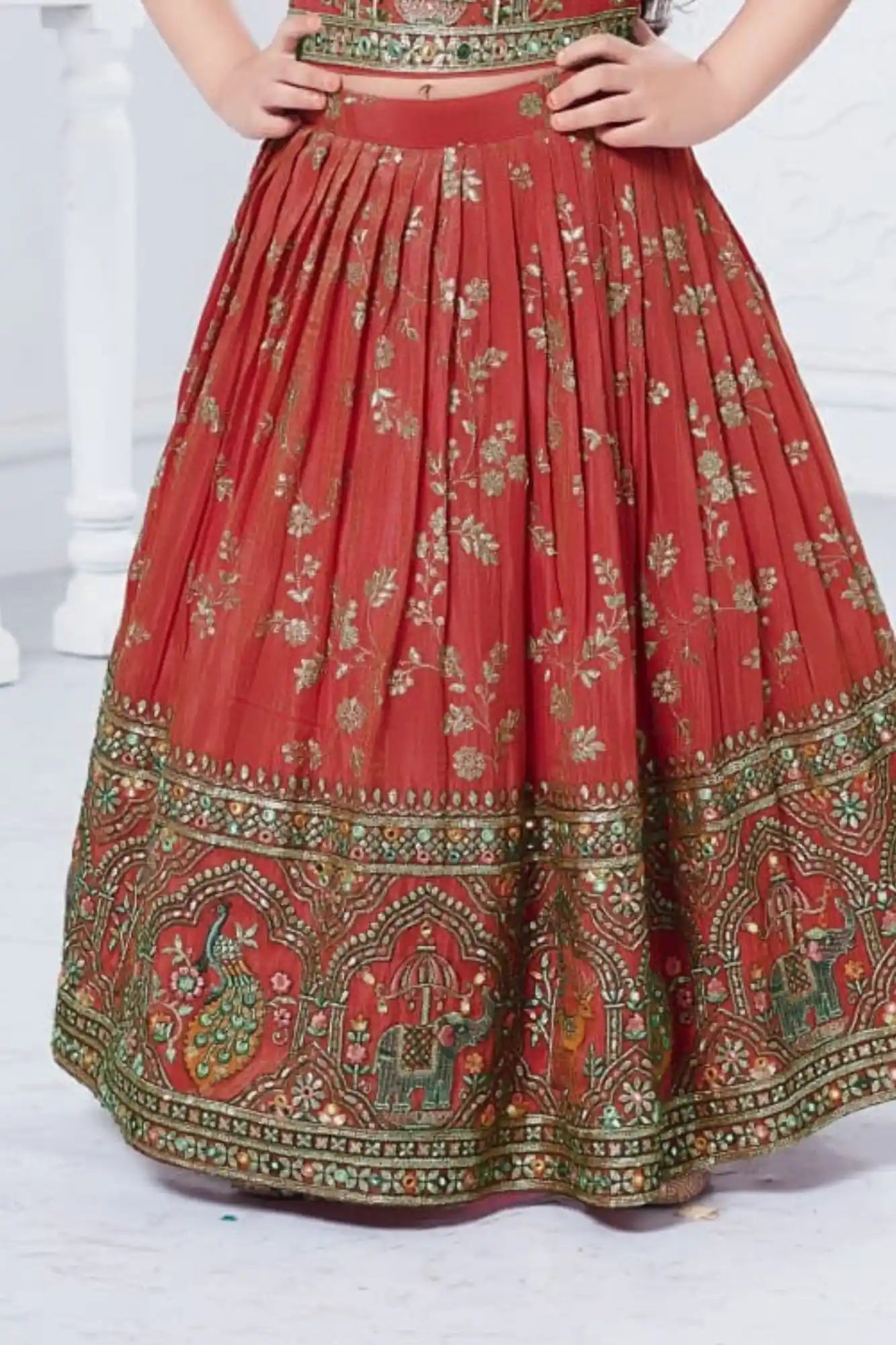 Rust Pink Elephant Motif Lehenga Choli with Regal Zari Embroidery