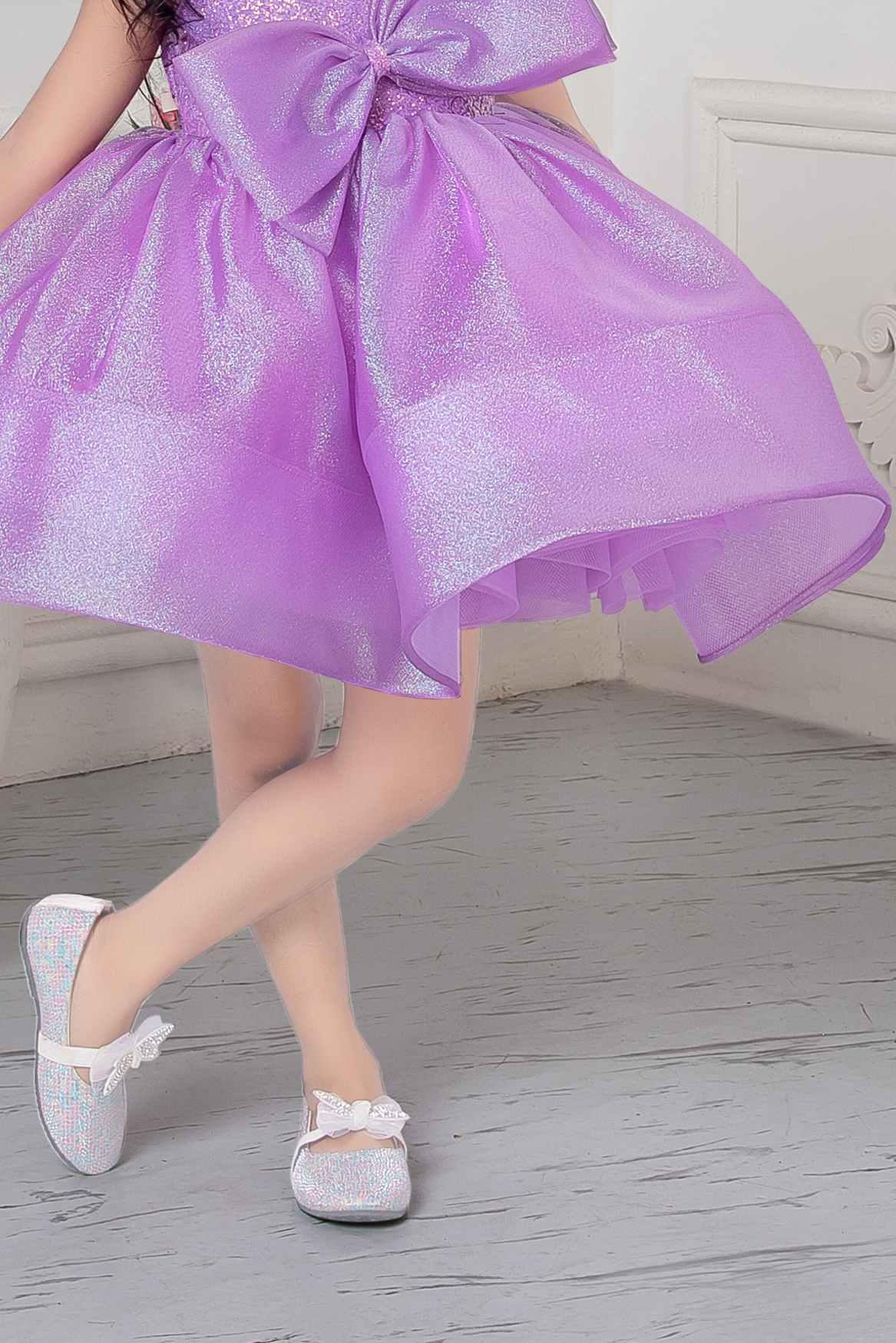 Lavender Shimmer Organza Frock With Embellished Bow For Girls - Lagorii Kids