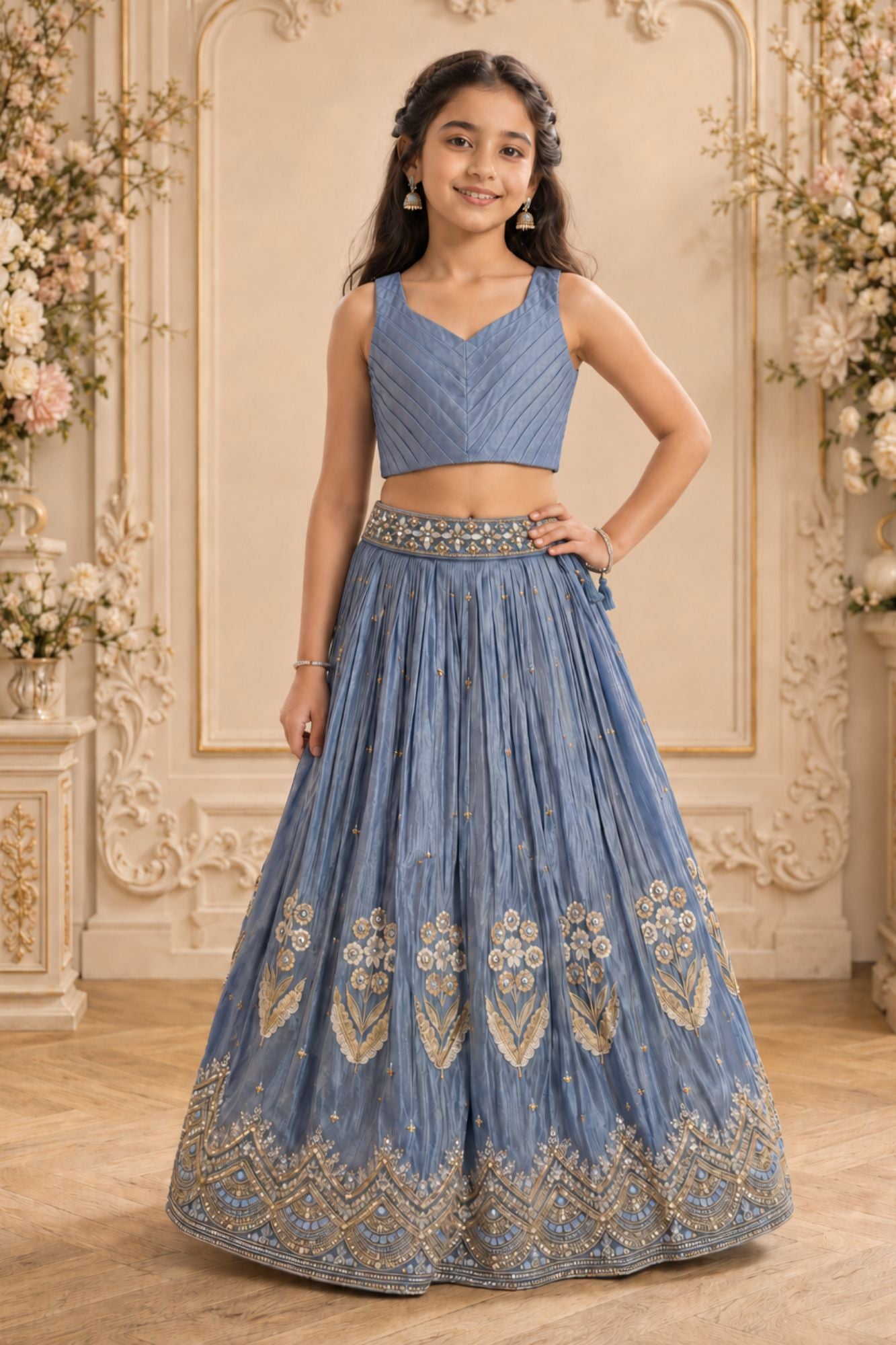 Dusty Blue Heavy Floral Embroidered Lehenga Choli with Jacket