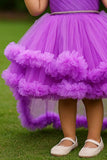 Purple Ruffle Party Frock With Stone Embellished And High-Low Hem For Girls