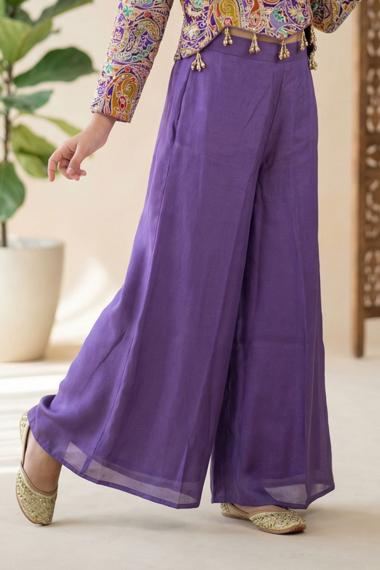 Purple Palazzo Set with Multicolor Paisley Embroidered Top For Girls