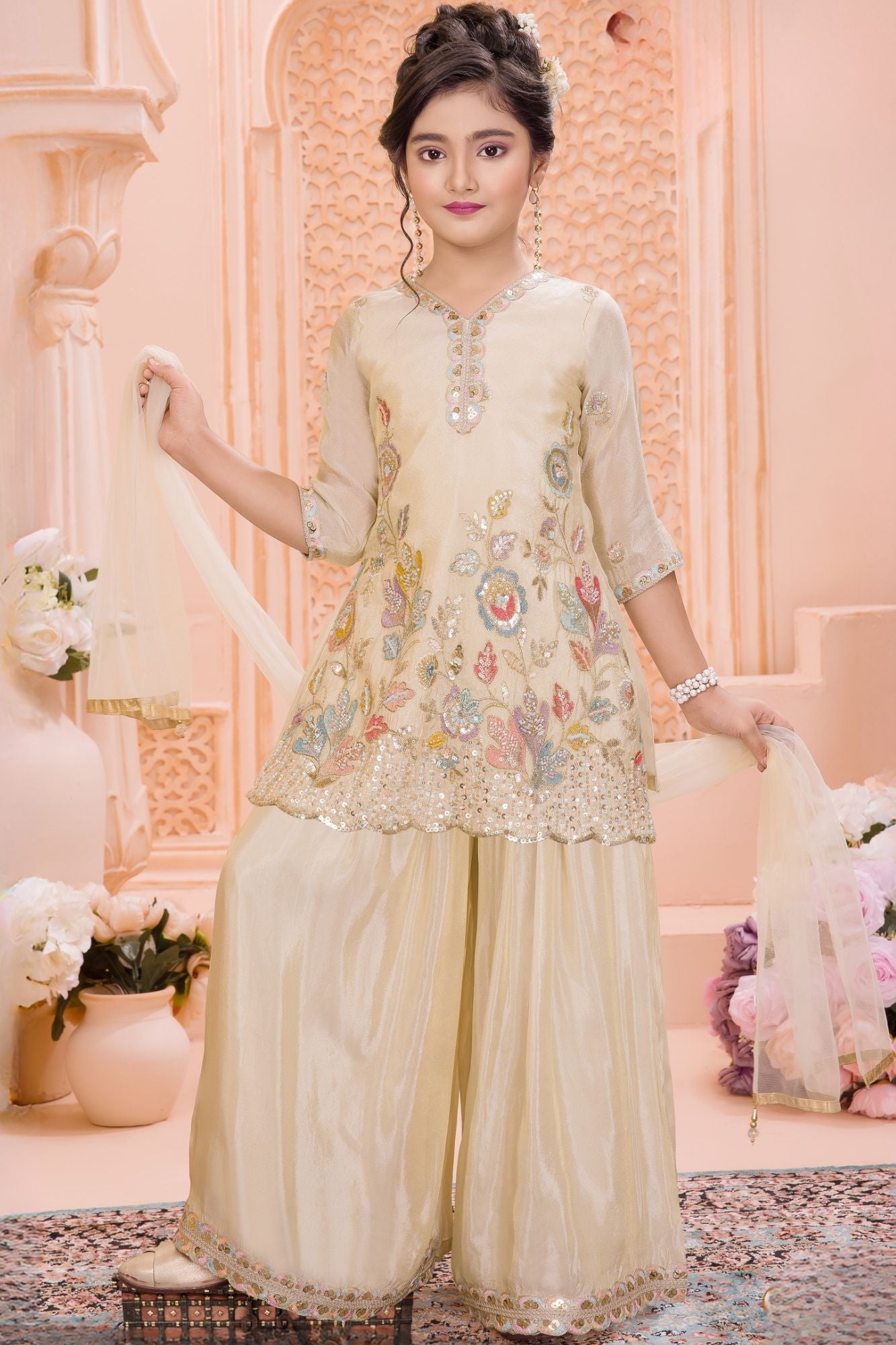 Cream Multicolor Embroidered Palazzo Set with Dupatta For Girls