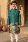 Green Scenic Print Kurta with Cream Pajama Set For Boys