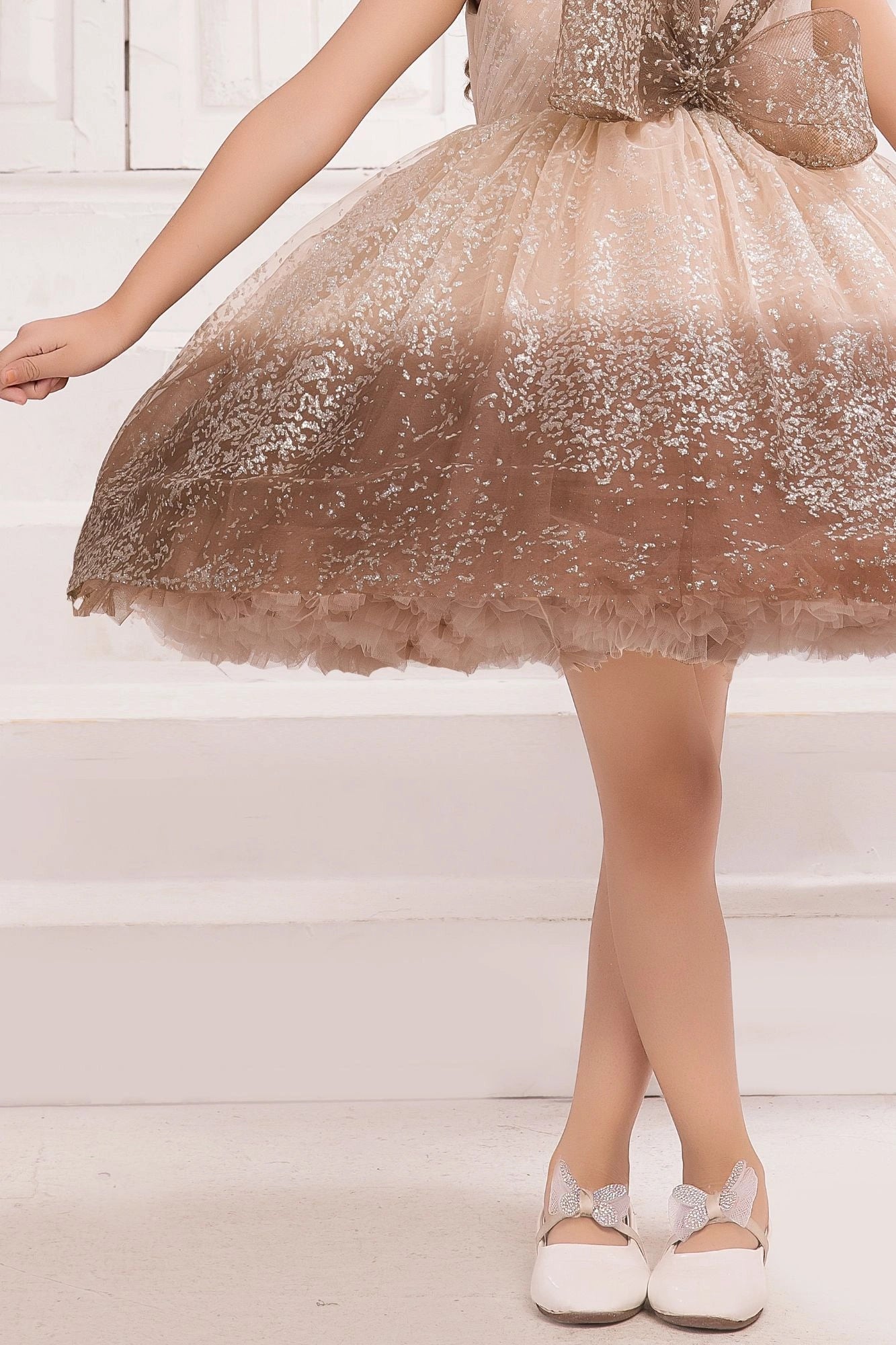 Brown Ombre With Bow Embellishment Party Wear Frock for Girls
