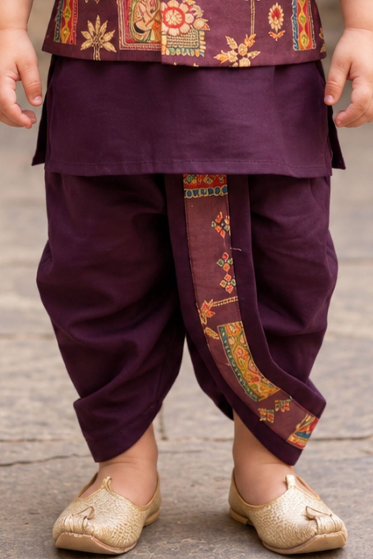 Boys Wine Printed Waistcoat Dhoti Kurta Set