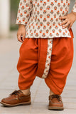 Rust Orange Handblock Printed Kurta with Dhoti Set For Boys