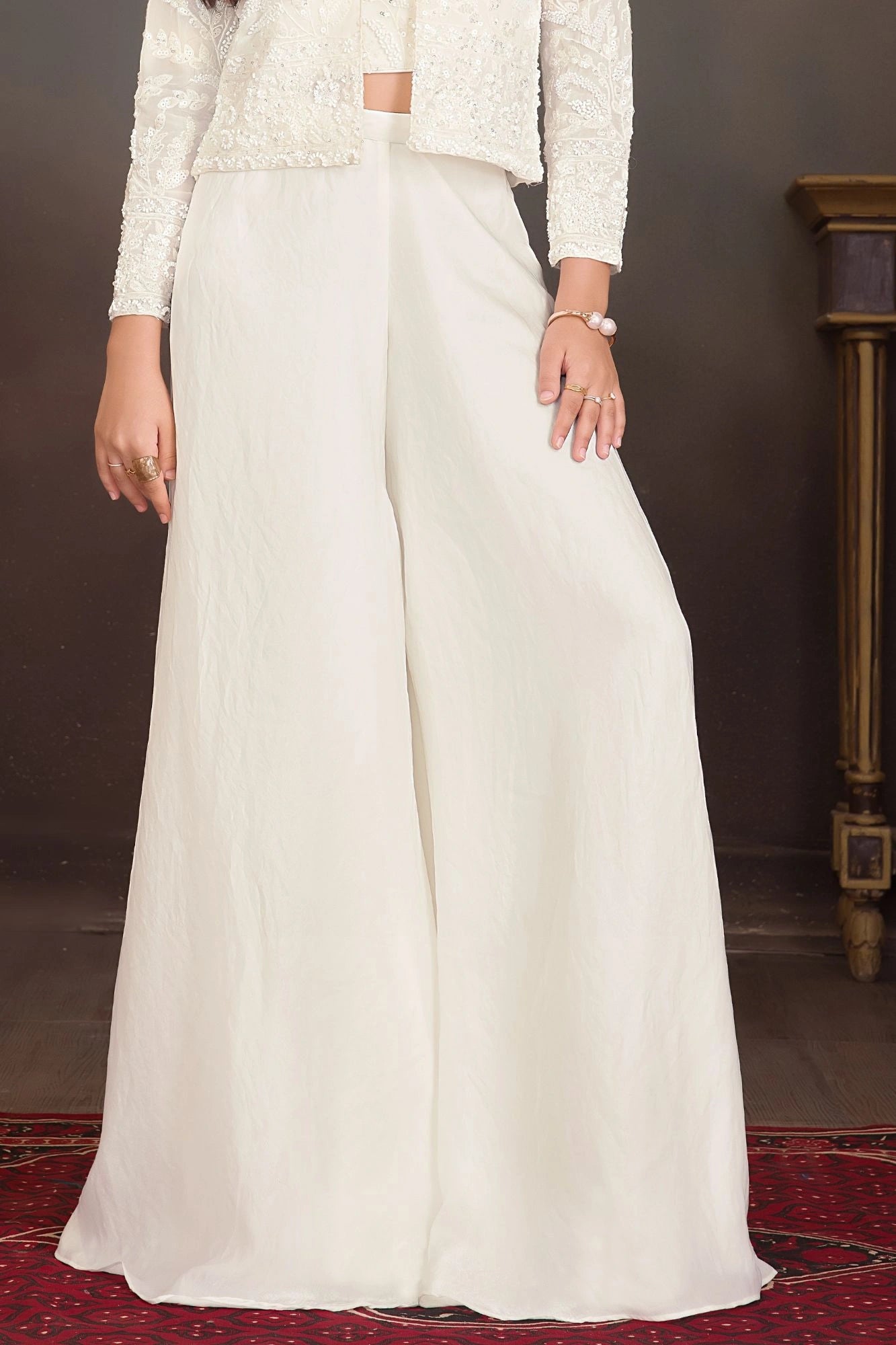 Cream Embroidered Embroidered Palazzo Set With Jacket for Girls